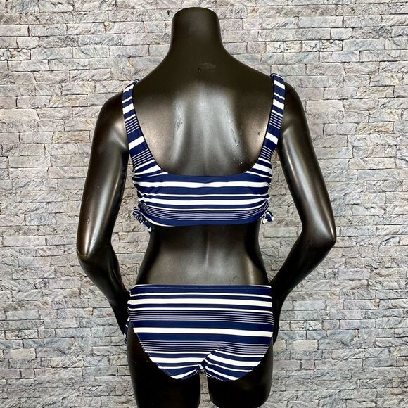 Aerie Scoop Bikini Striped Side Tie Size Medium Navy Blue White Wide Strap - Picture 3 of 5